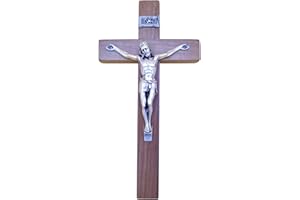 FIDES RELIGIOUS Crocifisso da Parete - Artigianale Made in Italy Cristo e INRI Placcati Argento 999 - Crocifissi da Parete in Legno, Legno Pregiato Noce - Cura e Precisione dei dettagli di Gesù - 25X13cm