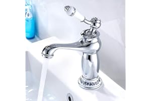 YOUR'S BATH Mitigeur Robinet Lavabo Laiton Céramique Évier Robinet Noir et Blanc en Porcelaine À Long Cou Vintage Floral avec l'entrée Robinet d'eau Froide/Chaude Cuisine Salle de bain (chromé)