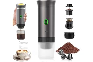 PZCC Machine à Café Portable de Voyage,Expresso Cafetière Rechargeable 12V et sa pochette Pour Camping et Voiture,Chauffage Rapide,compatible avec Capsules K-Cup et café moulu,Pour voyage (Cendre)