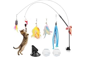 petizer Jouets pour chats d'intérieur - 9 jouets interactifs pour chat - 2 baguettes de jeu pour chat, 2 ventouses adhésives et 5 plumes naturelles de rechange avec clochette