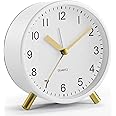 YouJabz Analogue Alarm Clock, Super Silent Non Ticking with Night Light, Battery Operated, Fashionable Round Metal Alarm Clock for Office, Bedroom, Elderly, Adults, Children, School Gift (White)