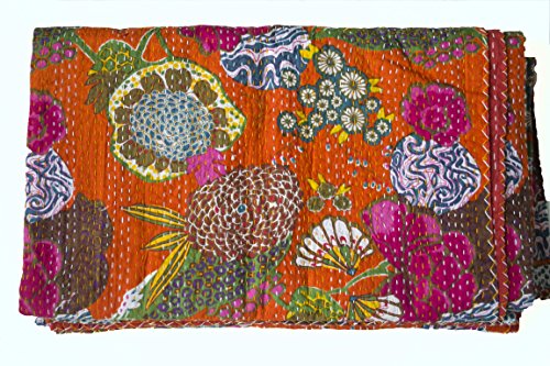 Vibrant Orange Bed Cover in Soft Cotton Fabric Hand Quilted Using Running Stitch - Orange Floral Kantha Throw Blanket 108" X 90" - Orange Coverlet - Orange Bed Cover - Orange Bedspread