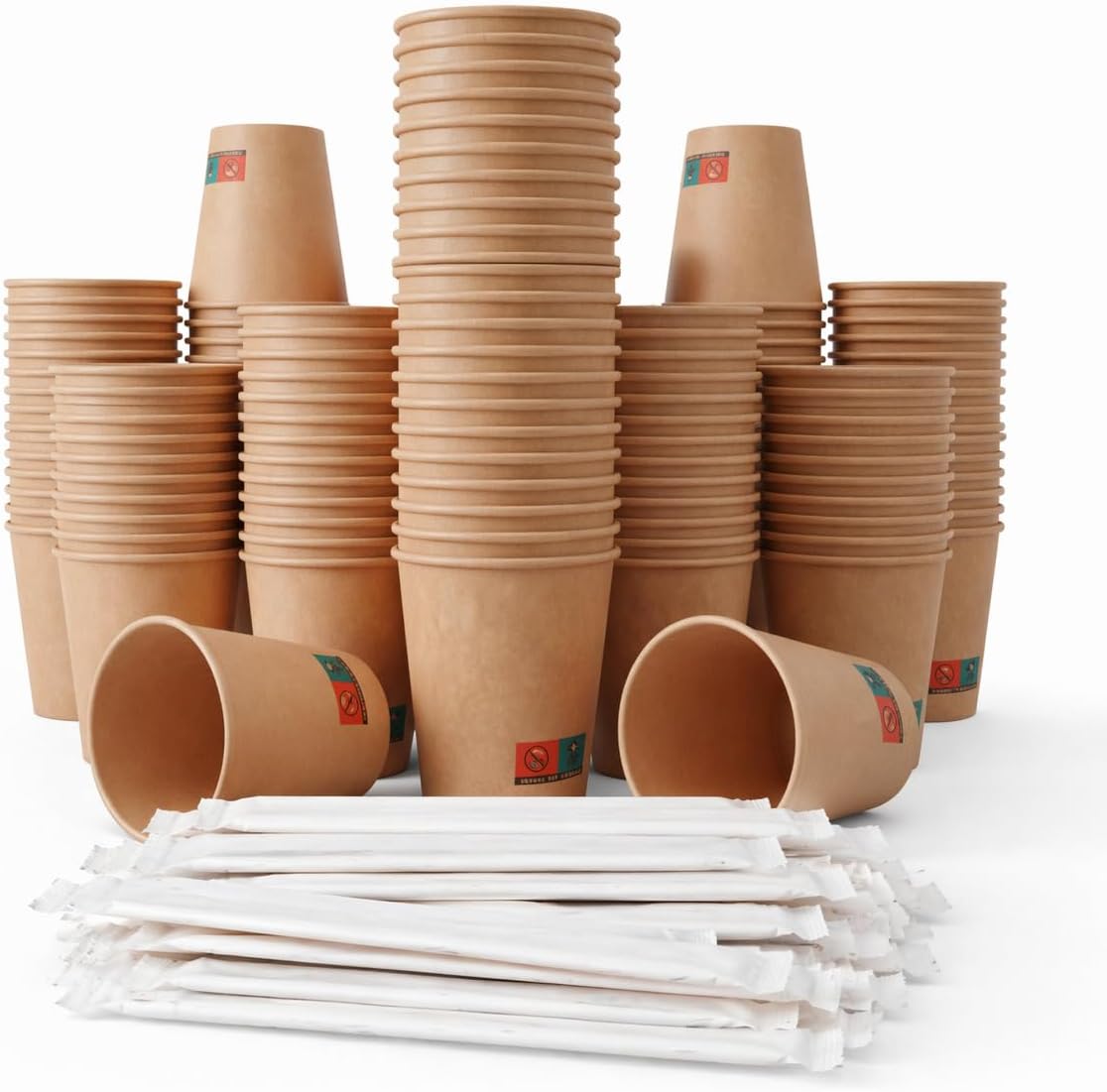 GASTROTOMI Vasos Cafe de 120 ml – 100 Unidades y 100 Paletinas Cafe Desechables de Madera con Funda, Vasos Desechables para Espresso, Degustaciones y Oficina – Vasos Carton Kraft – Pack Completo