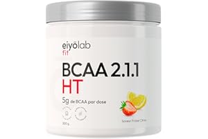 BCAA 2.1.1 HT | Poudre Acides Aminés | Leucine, Isoleucine et Valine | Récupération et Construction Musculaire | Vitamines B6 et B8 | BCAA Brevetés Instantanés | Saveur Fraise Citron | 300g | Eiyolab
