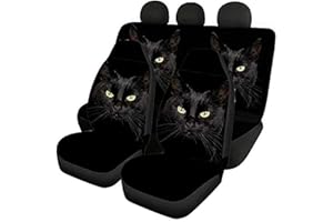 ‎CHAQLIN chaqlin Animal Black Cat Print Auto Vordersitzbezüge + Rückenschaufelsitzschutz Kompletter Satz von 4 Stück für Damen Herren Modisches Autozubehör