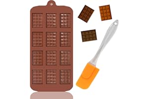 Moule Silicone Chocolat, Bomtop 12 cavités Antiadhésifs Moules à Chocolat +1 Grattoir, Mini Moule Tablette Chocolat, pour pieces en Chocolat Maison, Gaufres, Pralines, Bonbon, Décoration de Gateau