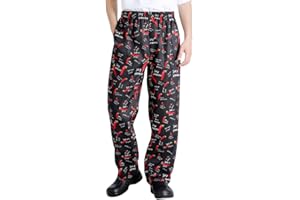 NIDEEN Men's and Women's Baggy Printed Chef Trousers Kitchen Uniforms with Elastic Waist Pants Chili
