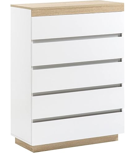 Cassettiera Alta Ángel Cerdá In MDF Laccato Bianco Lucido – 5 Cassetti Con Chiusura Ammortizzata, Gambe In Acciaio, 60x45x120 Cm