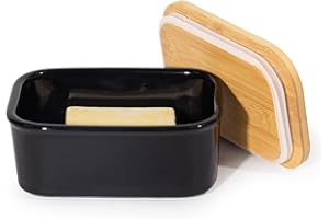 Theo&Cleo Beurrier en céramique avec couvercle en bois, 250 g, boîte à beurre en porcelaine vintage (noir)