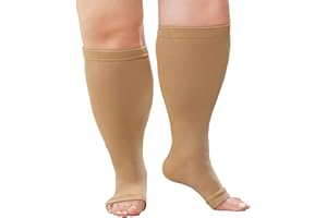 ZFSOCK Bas de Contention Femme Homme: Grande Taille Chaussettes de Contention Compression Bout Ouvert Gros Mollet 20-30mmhg pour Infirmiere Running Sport Voyage Grossesse XXL-7XL Noir Beige 1 Paire