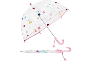 DECALSWEET Regenschirm Kinderschirm Stockschirm, Windsicher Robustheit Regen Regenschirm Transparent, Kinderregenschirm Durchsichtig Junge Mädchen, Kuppel-Blasenschirm Durchmesser=70cm (Rosa Polka Dots)