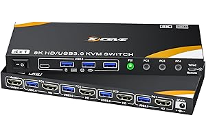 YOUTINGHDAV 8K KVM Switch 4 PC 1 Monitor HDMI 8K@60Hz 4K@144Hz, HDMI2.1 USB 3.0 KVM Switch 4 porte per 4 PC condividere tastiera, mouse, con 4 cavi USB, alimentatore e telecomando via cavo