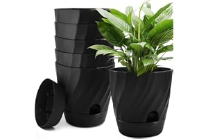 KAHEIGN 6 st självvattnande växtkrukor, 12 cm rund blomkruka i plast, tjockare trädgårdsväxtbehållare för suckulent ört, orki