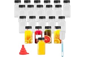 Kikuo 20 Pack 120ml Plastic Juice Bottles, 4 Ounce Reusable Drink Beverage Containers with Label, Pouring Funnel and Brush, Smoothie Juice Bottles for Juice, Milk, Homemade Beverages (Black Lids)