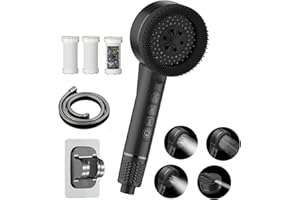 SKUURTFR Pommeau de Duche Haute Pression,Pommeau Douche Economie Deau 4 Types de Jets Pommeau de Douche Anti Calcaire avec Tuyau Douche 1.5M et Support de Douche, avec Bouton D'arrêt D'eau,noir