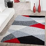 Fußbodenheizung geeignet T&T Design Moderner Hochflor Teppich Shaggy Vigo Gemustert in Schwarz Grau Weiß Rot Top Preis!!, Größe:70x140 cm