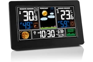 FanJu FJ3378B Wetterstation mit Außensensor, DCF Funkuhr, Digital Farbdisplay Innen und Außen Thermometer Hygrometer, Funkwetterstation mit Wettervorhersage und Barometer, Netzbetrieb