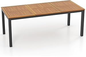 KOMFOTTEU Stół ogrodowy z otworem na parasol przeciwsłoneczny, stół do jadalni z drewna akacjowego, prostokątny stół dla 8 osób, 200 x 90 x 75 cm, do użytku na zewnątrz, na balkon, dziedziniec, patio