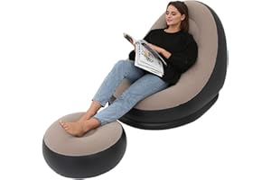 eBoutik - Inflatable Lounge Chair & Footstool Set – Soft Plush Indoor/Outdoor Seating – Fun & Cozy for Home, Gaming, Garden or Camping (Cream)