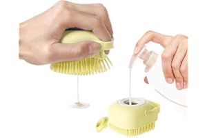 TODARRUN Dog Cat Bath Brush,Pet Grooming Soothe Massage Brush with Shampoo Dispenser Soft Silicone Bristle,for Short Haired Dogs Cats Shower Yellow