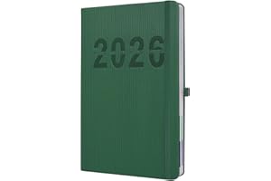 OULQINYHOME Kalendarz 2026 Planner dzienny A5 21 x 14,8 cm 12-miesięczny planner akademicki miękka okładka PU z uchwytem na długopis (Zielony)