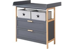 roba Wickelkommode Berlin inkl. abnehmbarem Wickelaufsatz - Wickeltisch mit Schubladen & Stoffboxen - Griffe + Rahmen aus Bambus Holz - Anthrazit