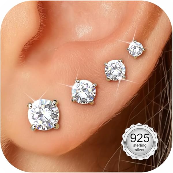 Hmzidz 3 Paia di Orecchini a Lobo Argento 925, Orecchini Donna Piccolo, Sfera Argento, a Bottone Set, a Perno Pallina, Piercing Anallergico