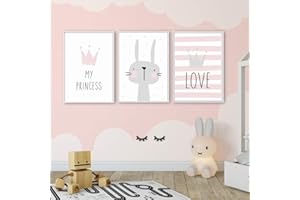 NORDIC IDEAS Juego de 3 Cuadros Infantiles Niña Pósteres Láminas Conejo My PRINCESS LOVE Impresiones sobre Lienzo Decoración Habitación Bebé pared Regalo Sin Marco NPTWC004-S