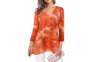 Adigaber Camisas para Mujer Elegante Manga 3/4 y Cuello en V Blusa Suelta Sólidos Estampadas Casual Gasa Shirt