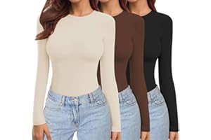 Ekouaer Conjunto de 3 Camisetas térmicas de Manga Larga con Cuello Redondo para Mujer, Camiseta elástica Ajustada con Capa Interior XS-XXL