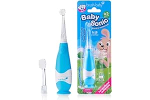 Brush-Baby - BabySonic - Spazzolino elettrico blu, 0-36 mesi, morbido e delicato, per gengive sensibili e denti nuovi, con luce LED e base di aspirazione, testine per neonati e bambini