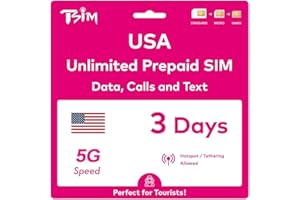 TSIM USA SIM Card for Travel to the USA. PrePaid. T-Mobile network with Unlimited Data, Calls and Texts. New Upgraded 5G SIM Card! (3 Day)