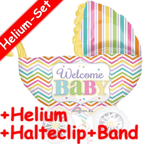 Folienballon Set * WELCOME BABY + HELIUM FÜLLUNG + HALTE CLIP + BAND * für Geburt // SUPERSHAPE // Kinder Party Nachwuchs Folien Ballon Helium Deko Ballongas Kinderwagen Jungen Mädchen