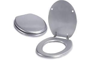 MSV, Abattant wc MDFModèle CLEO, Fabriqué en MDF, robuste et durable, charnières inox, Avec tampons amortisseur, Finition brillante, Convient parfaitement à un abattant wc taille standard Argent