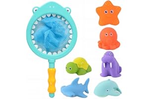 Goomp Juguetes Baño,7 Piezas Juguetes de Baño Juguetes Bañera para Bebe Niños Jueguetes para Niños Pesca Animales Flotantes Juego con Red de Pesca en la Bañera