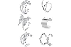 LAURITAMI 6pcs Silver Ear Cuff Fake Earrings Surgical Steel Clip On Fake Helix Cartilage Ear Non Piercing Jewellery