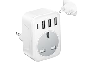 FSTravelP UK to European Plug Adapter, European Plug with USB Ports (3 USB & 1 USB C), Travel adapter UK to Europe Use in EU Germany Spain France Norway Morocco Italy Switzerland etc Type C Plug