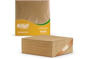 FOOGO Green 100pcs Brown Unbleached Paper Napkins, FSC® Certified, 33 x 33 cm, 2 Ply Strong Paper Serviettes, Fully Home Compostable, Super Soft Paper Tissues, Cocktail Disposable Napkins