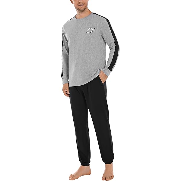 Leversic Winterpyjama voor heren, van katoen, tweedelige pyjama met ronde hals, lange mouwen, bovendeel en broek met zakken, zacht en comfortabel, S- 4XL, blauw en grijs, M