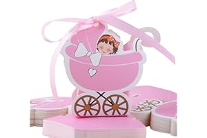 FLOFIA 48pz Scatole Battesimo Nascita Scatoline Portaconfetti in Carta a Forma di Passeggino Bomboniere Scatole Femmina per Confetti Caramelle Cioccolati Comunione Compleanno Rosa