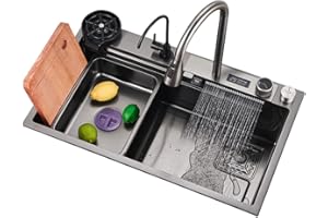 YILWNNCSE Fregadero de Cocina,Fregadero de Cascada,Fregadero de lluvia volador,Juego de Fregadero Doméstico de Acero Inoxidable 304,Fregadero Integrado con Grifo Extraíble (68×46×21cm)