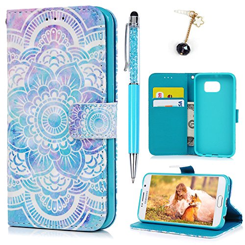 Lanveni Samsung Galaxy S6 Hülle, Handyhülle Samsung S6 Flip Case Cover PU Lederhülle Schutzhülle Magnetverschluss Ledertasche mit Stander Function Brieftasche Card Slot Handy Tasche mit Totem-Blume Cover Design + 1 x Stylus Stift + 1 x Staubdichte Stecker