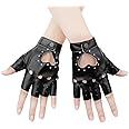 KINBOM 1 Pair Half Finger Leather Gloves, Stylish Fingerless Leather Gloves with Rhinestone Biker Punk Gloves for Halloween Women Girls Cosplay Performance (Black)