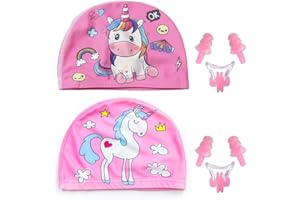 EIHI 2 Pezzi Cuffia Piscina Bambina Unicorno, Cuffia Piscina Bambino, Cuffia Nuoto, Cuffie Piscina Bambini, con Tappi per Le Orecchie E Clip per Il Naso