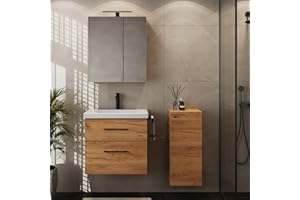 Planetmöbel Badmöbel Set Waschtisch mit Unterschrank 63 x 60 x 36,5 cm, Spiegelschrank 60 cm mit LED-Leuchte (schwarz matt) & Steckdose, inkl. Midischrank, Moderne Badezimmer Möbel, Gold Eiche