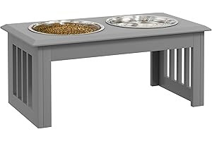 PawHut Raised Dog Bowl Feeding Bowls with Stand for Medium Dogs Elevated Pet Bowls Water Food Feeder 58L x 31W x 25H cm - Grey