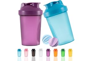 OOTD Protein Shaker Flasche 400 ml Auslaufsicher, BPA Frei, Eiweiß Shaker für Supplement Shakes mit Sieb & Skala, Fitness Mixer für cremige Whey Proteinpulver Shakes, (Blue+Purple(2PCS)