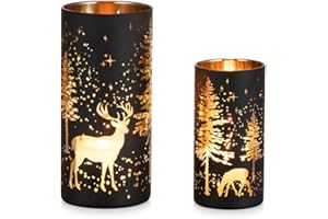 ‎HEWORY Hewory Weihnachtsdeko Schwarz Windlicht Weihnachten: 2er Set Hirsch Deko Weihnachten Tischdeko Kerzenhalter Glas Weihnachtsdekoration Innen Gold