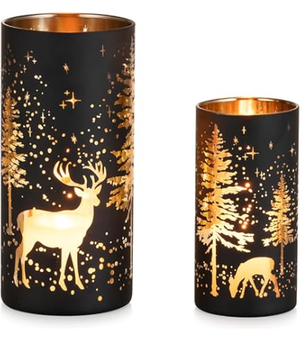 Glasseam Vuurtoren Lantaarn Kerstmis Kerstdecoratie: Set Van 2 Lantaarn Glazen Zwart Goud Kaars Glazen Voor Tafeldecoratie Kerst Huis Kaars Glazen Kaarsenhouder Pilaarkaarsen Voor Woonkamer Cadeau