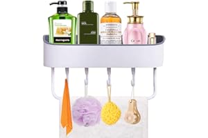 XHTOL Shower Caddy, Self Adhesive Wall Mounted Shower Organiser, Shampoo Toiletries Shelves Shelf Organizer Spices Storage Basket Soap Holder Tray with 4 Hooks & 1 Towel Bar Rack Rails, No Drill Needed